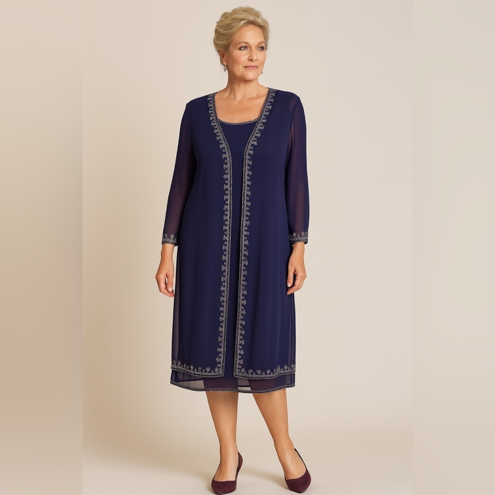 Scala‎ Vintage Navy Sheer Silk 2 piece beaded Dress and Sheer Jacket 80’s